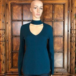 T Tahari Admiral Blue Beaded Keyhole Neck Sweater